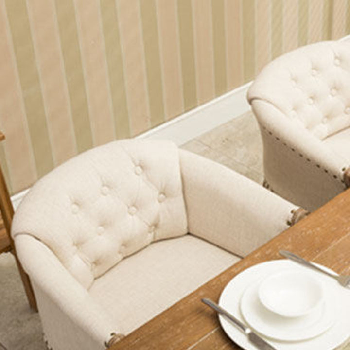 Silla de acento tradicional francesa de madera maciza y tela de lino tapizada con reposabrazos y respaldo para sala de estar 