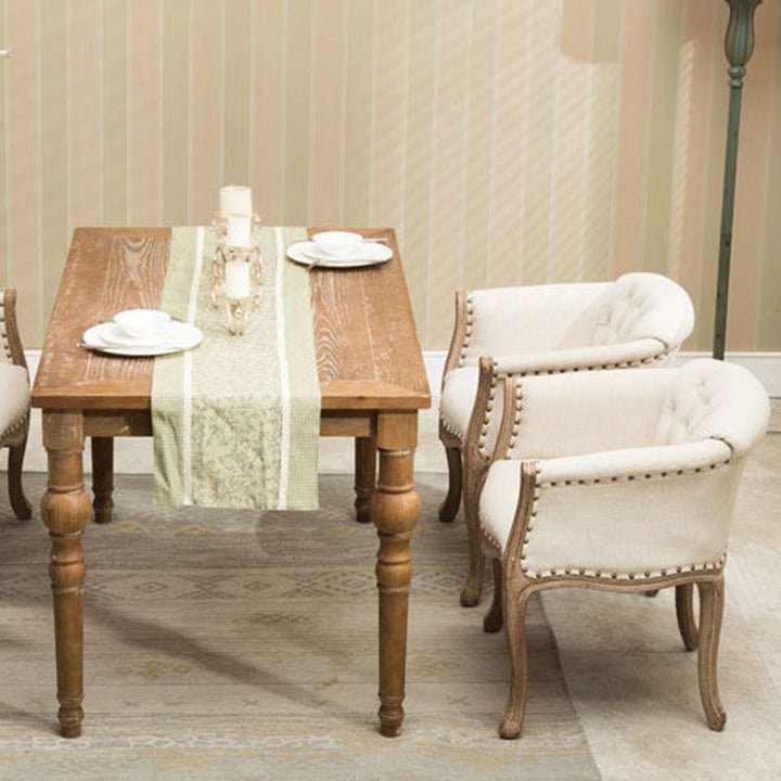Silla de acento tradicional francesa de madera maciza y tela de lino tapizada con reposabrazos y respaldo para sala de estar 