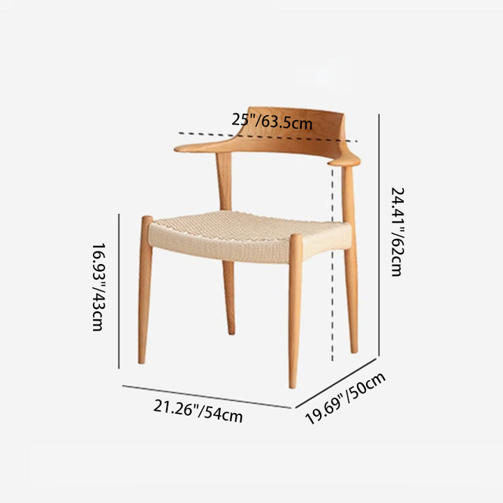Modern Mid-Century Solid Wood Kraft Paper Rope Weaving PU Leather Dining Chair With Horn-Back Design & Backrest For Dining Room