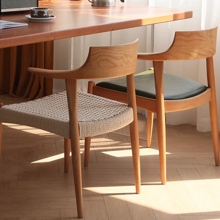 Modern Mid-Century Solid Wood Kraft Paper Rope Weaving PU Leather Dining Chair With Horn-Back Design & Backrest For Dining Room
