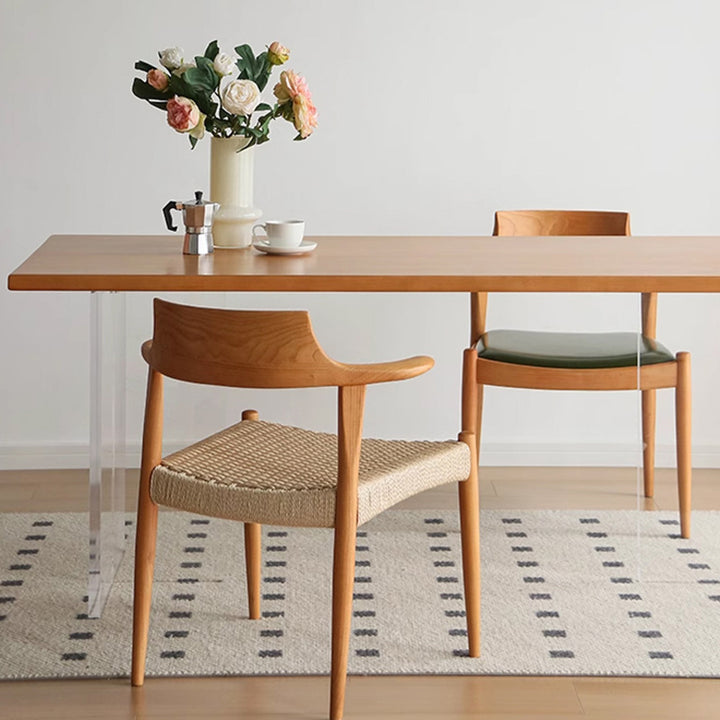 Modern Mid-Century Solid Wood Kraft Paper Rope Weaving PU Leather Dining Chair With Horn-Back Design & Backrest For Dining Room