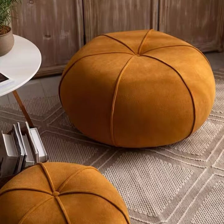 Tabouret bas contemporain en velours pour salon et entrée, cadre en bois massif et contreplaqué, motif citrouille créatif 