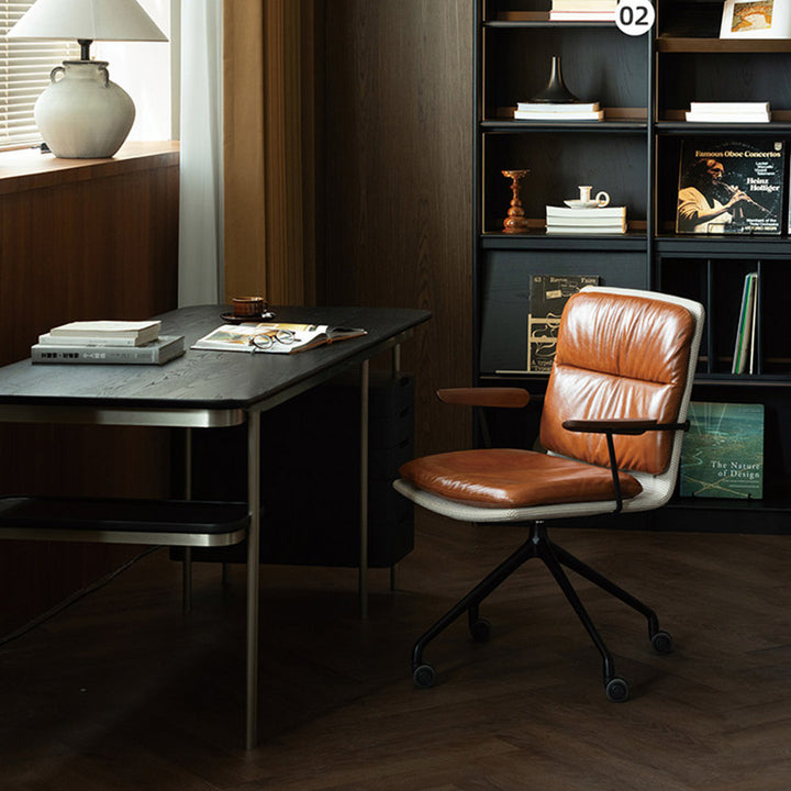 Chaise de bureau ergonomique moderne en cuir véritable de luxe avec structure en bois massif et alliage d’aluminium, pivotante et mobile, pour bureau à domicile et chambre 