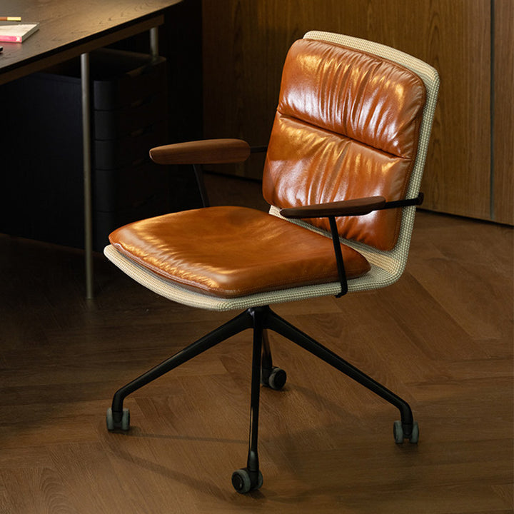 Chaise de bureau ergonomique moderne en cuir véritable de luxe avec structure en bois massif et alliage d’aluminium, pivotante et mobile, pour bureau à domicile et chambre 