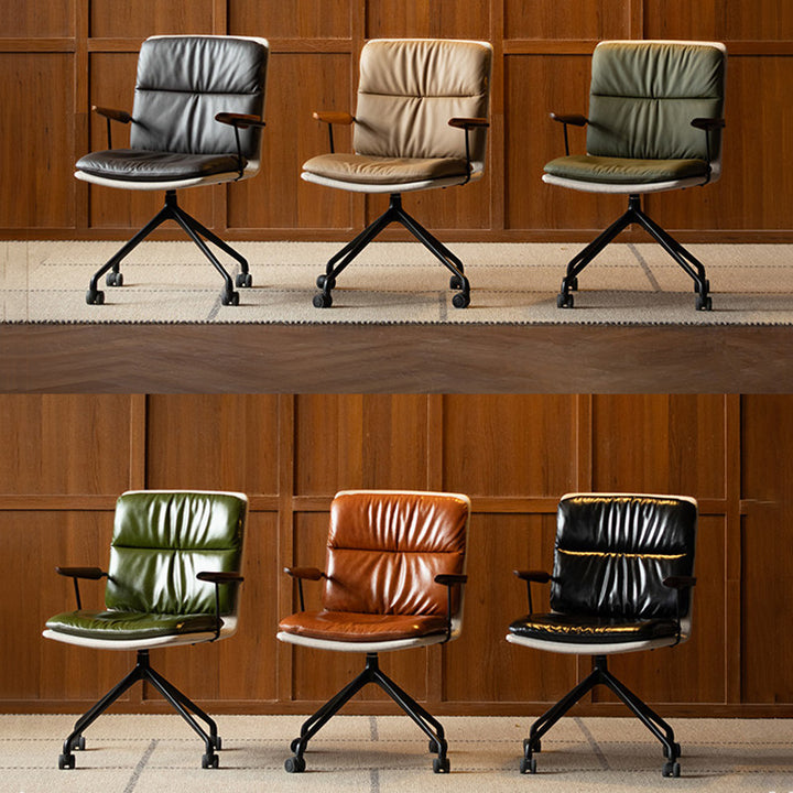 Chaise de bureau ergonomique moderne en cuir véritable de luxe avec structure en bois massif et alliage d’aluminium, pivotante et mobile, pour bureau à domicile et chambre 