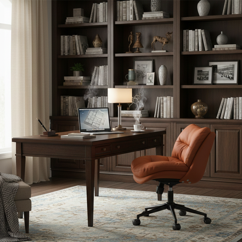 Modern Minimalist Solid Wood &amp; Plywood Steel Upholstered Rolling Desk Chair With Adjustable Height Swivel Design For Bedroom