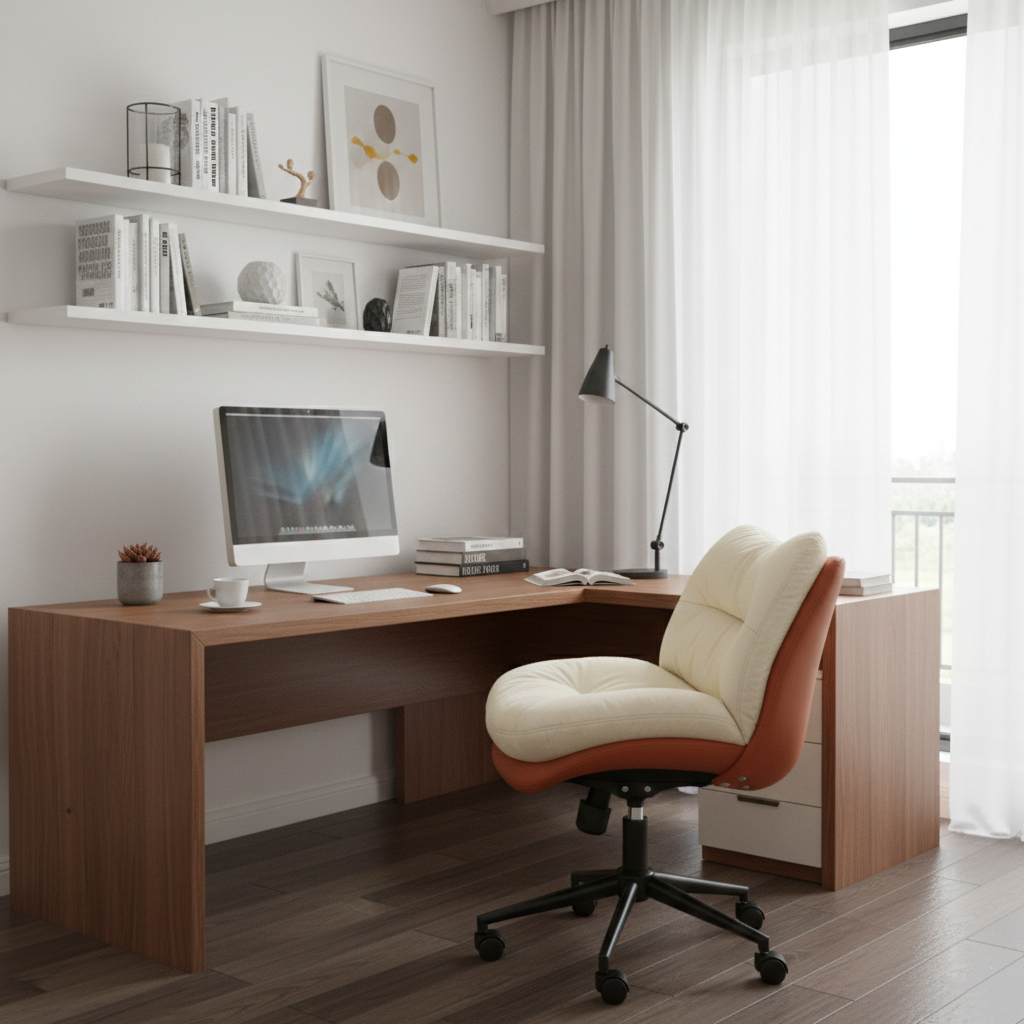 Modern Minimalist Solid Wood &amp; Plywood Steel Upholstered Rolling Desk Chair With Adjustable Height Swivel Design For Bedroom