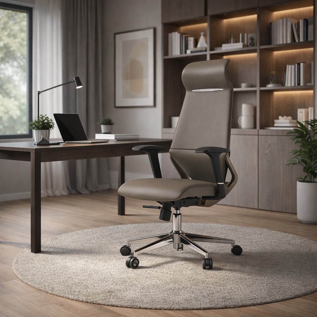 Moderner luxuriöser ergonomischer Schreibtischstuhl aus Sperrholz, Aluminiumlegierung, Nylon, Echtleder und Kunstleder mit Drehrollen, Höhenverstellung, Kopfstütze und Armlehnen für das Homeoffice 