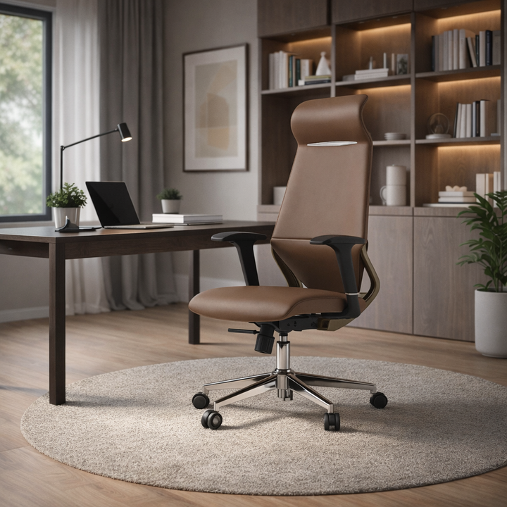 Moderner luxuriöser ergonomischer Schreibtischstuhl aus Sperrholz, Aluminiumlegierung, Nylon, Echtleder und Kunstleder mit Drehrollen, Höhenverstellung, Kopfstütze und Armlehnen für das Homeoffice 