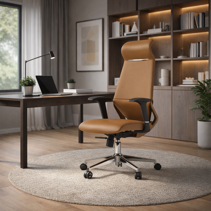 Moderner luxuriöser ergonomischer Schreibtischstuhl aus Sperrholz, Aluminiumlegierung, Nylon, Echtleder und Kunstleder mit Drehrollen, Höhenverstellung, Kopfstütze und Armlehnen für das Homeoffice 