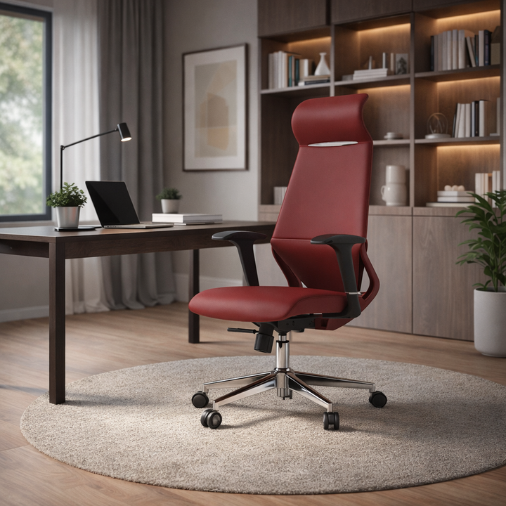Moderner luxuriöser ergonomischer Schreibtischstuhl aus Sperrholz, Aluminiumlegierung, Nylon, Echtleder und Kunstleder mit Drehrollen, Höhenverstellung, Kopfstütze und Armlehnen für das Homeoffice 