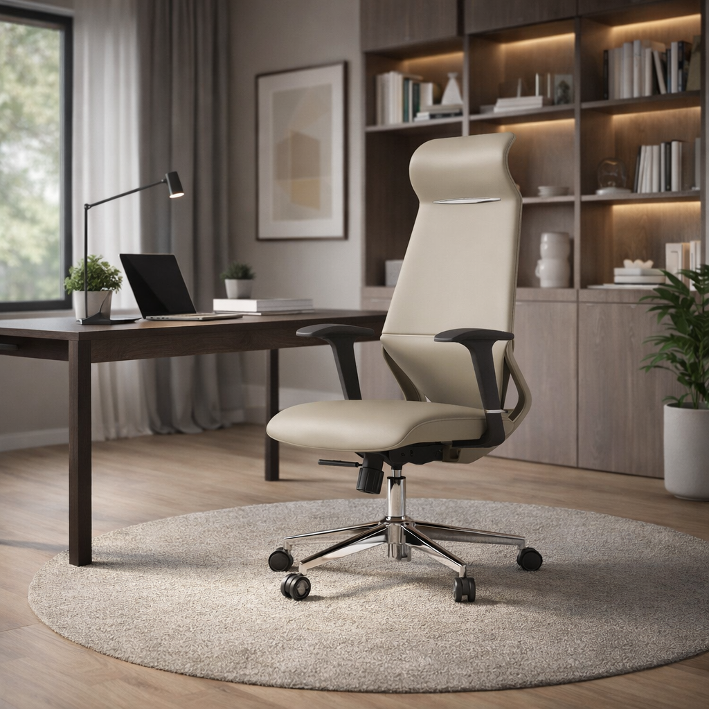 Moderner luxuriöser ergonomischer Schreibtischstuhl aus Sperrholz, Aluminiumlegierung, Nylon, Echtleder und Kunstleder mit Drehrollen, Höhenverstellung, Kopfstütze und Armlehnen für das Homeoffice 