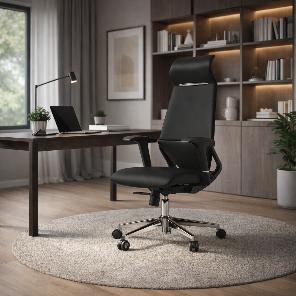 Moderner luxuriöser ergonomischer Schreibtischstuhl aus Sperrholz, Aluminiumlegierung, Nylon, Echtleder und Kunstleder mit Drehrollen, Höhenverstellung, Kopfstütze und Armlehnen für das Homeoffice 