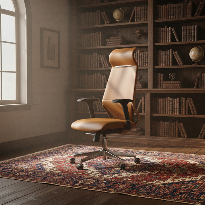 Moderner luxuriöser ergonomischer Schreibtischstuhl aus Sperrholz, Aluminiumlegierung, Nylon, Echtleder und Kunstleder mit Drehrollen, Höhenverstellung, Kopfstütze und Armlehnen für das Homeoffice 
