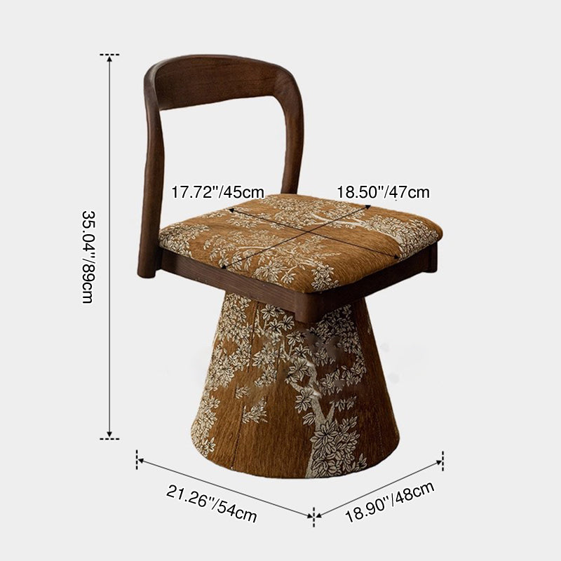Contemporary Retro Pine Wood Velvet Leaf Pattern Swivel Vanity Stool With Backrest For Bedroom