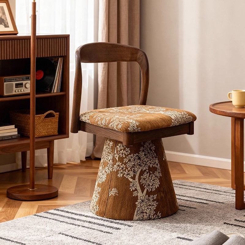 Contemporary Retro Pine Wood Velvet Leaf Pattern Swivel Vanity Stool With Backrest For Bedroom