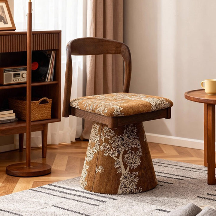 Contemporary Retro Pine Wood Velvet Leaf Pattern Swivel Vanity Stool With Backrest For Bedroom