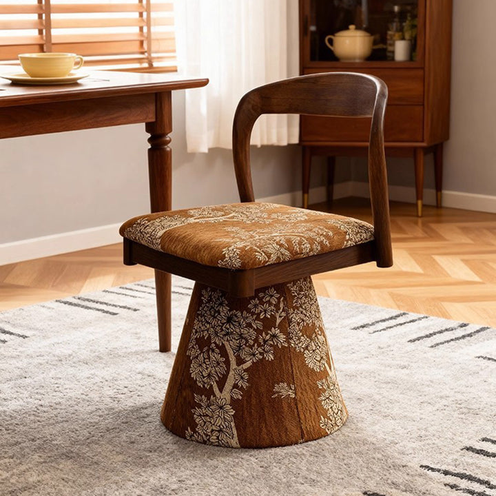 Contemporary Retro Pine Wood Velvet Leaf Pattern Swivel Vanity Stool With Backrest For Bedroom