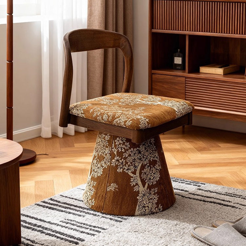 Contemporary Retro Pine Wood Velvet Leaf Pattern Swivel Vanity Stool With Backrest For Bedroom