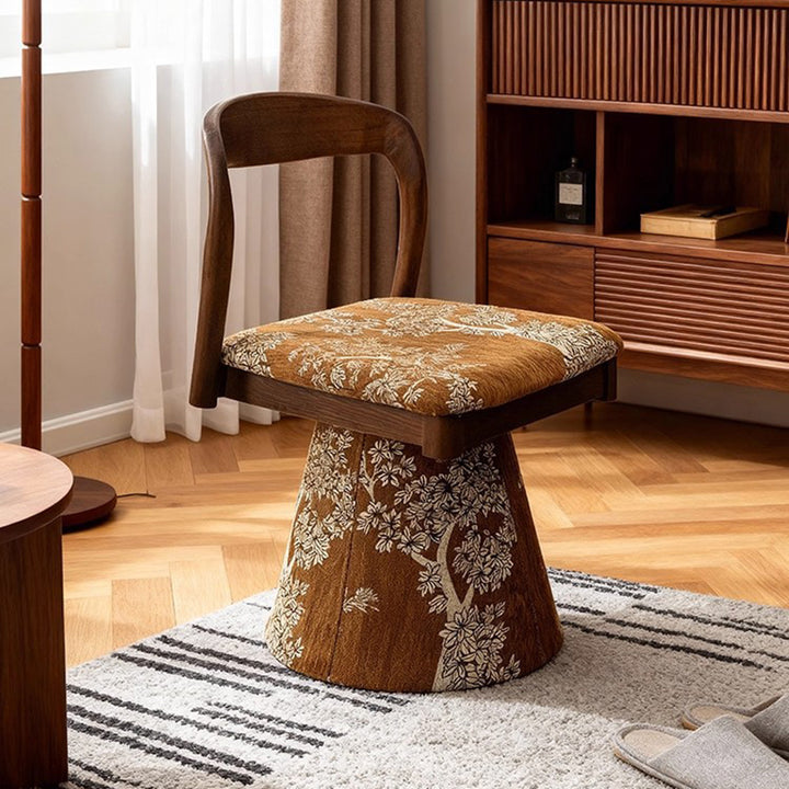 Contemporary Retro Pine Wood Velvet Leaf Pattern Swivel Vanity Stool With Backrest For Bedroom