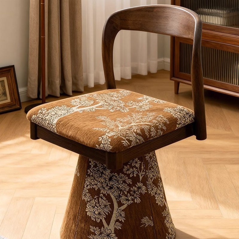 Contemporary Retro Pine Wood Velvet Leaf Pattern Swivel Vanity Stool With Backrest For Bedroom