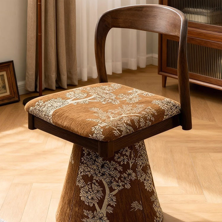 Contemporary Retro Pine Wood Velvet Leaf Pattern Swivel Vanity Stool With Backrest For Bedroom