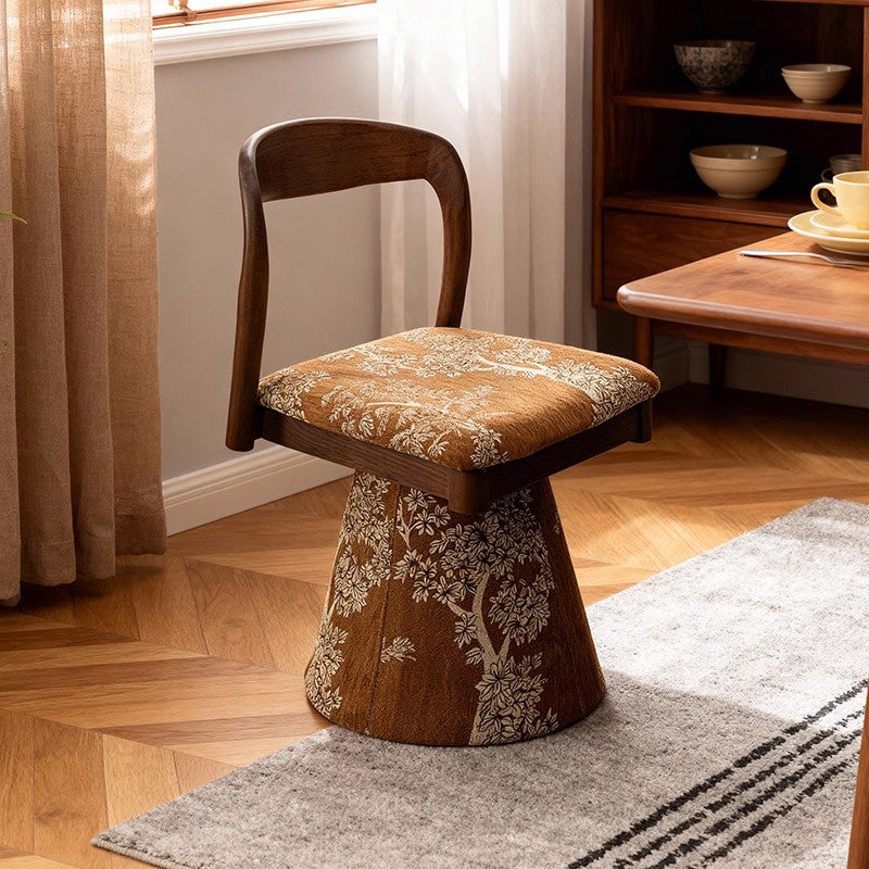 Contemporary Retro Pine Wood Velvet Leaf Pattern Swivel Vanity Stool With Backrest For Bedroom