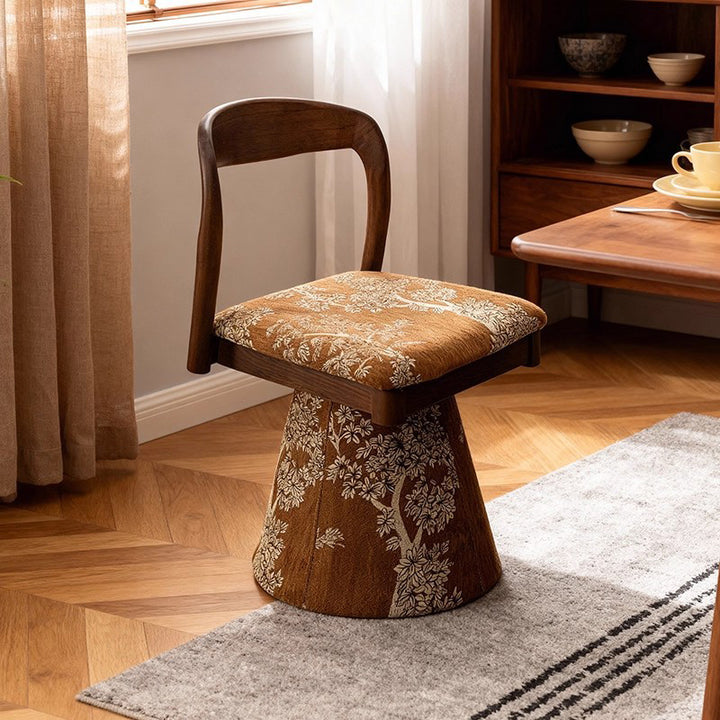 Contemporary Retro Pine Wood Velvet Leaf Pattern Swivel Vanity Stool With Backrest For Bedroom