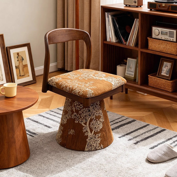 Contemporary Retro Pine Wood Velvet Leaf Pattern Swivel Vanity Stool With Backrest For Bedroom