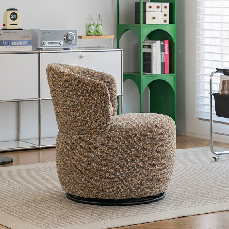 Moderner runder Akzentstuhl im Retro-Stil aus Sperrholz und Stahl mit Drehfunktion, Polsterung und Rückenlehne für das Wohnzimmer 