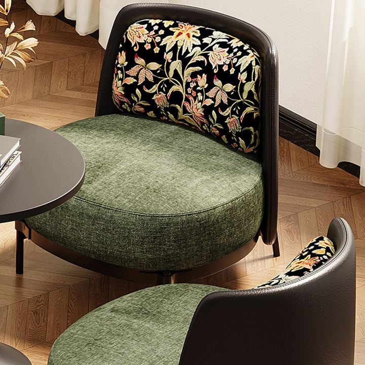 Zeitgenössischer Retro-Kohlefaser-Stahl Faux-Leder &amp; Leinen Abgerundeter Akzentstuhl mit Rückenlehne für das Wohnzimmer 