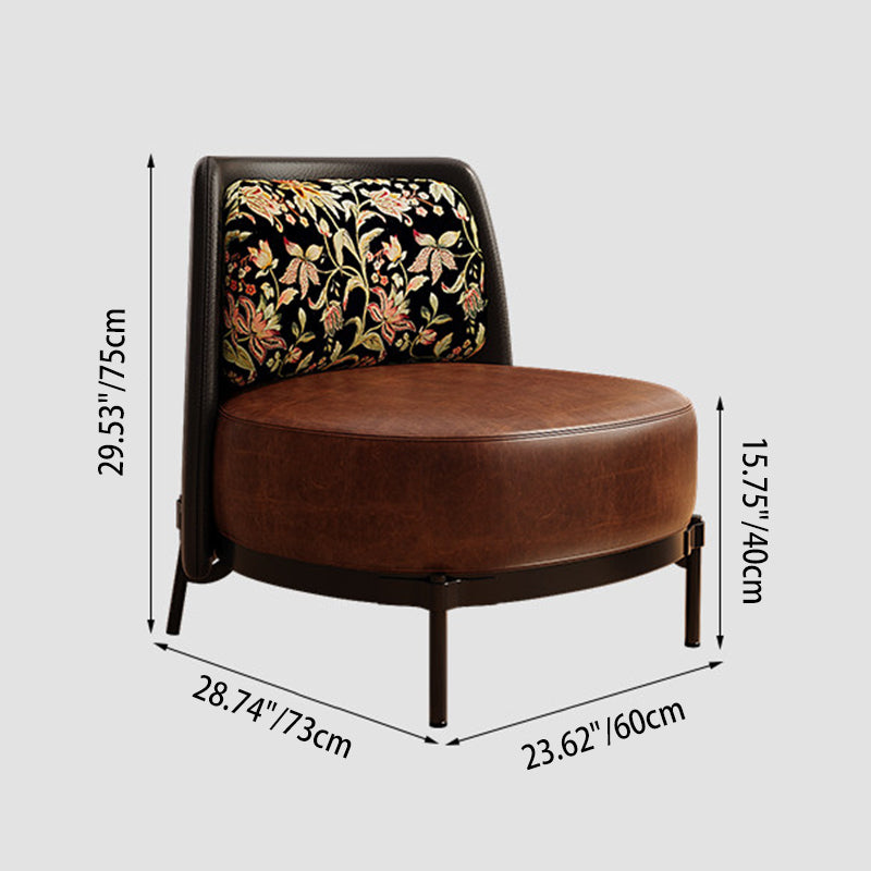 Zeitgenössischer Retro-Kohlefaser-Stahl Faux-Leder &amp; Leinen Abgerundeter Akzentstuhl mit Rückenlehne für das Wohnzimmer 