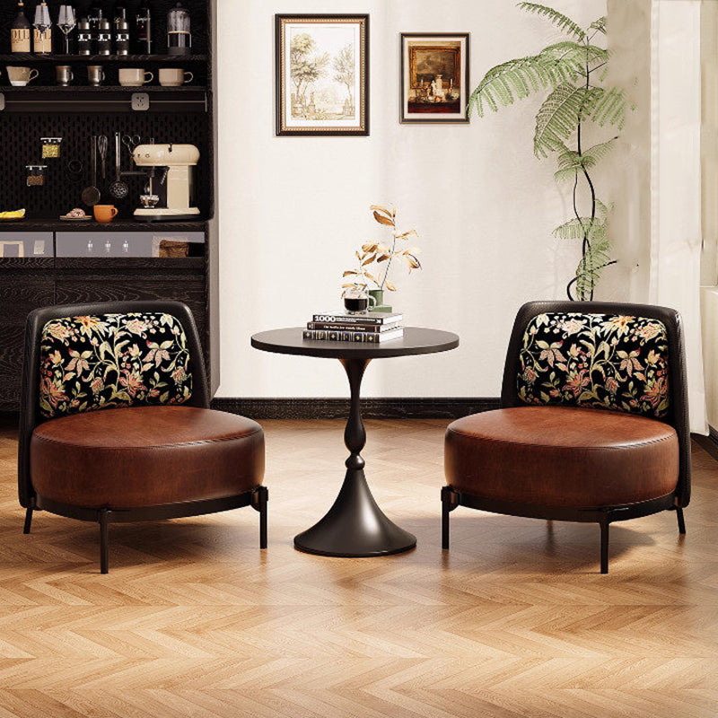 Zeitgenössischer Retro-Kohlefaser-Stahl Faux-Leder &amp; Leinen Abgerundeter Akzentstuhl mit Rückenlehne für das Wohnzimmer 