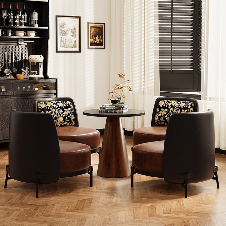 Zeitgenössischer Retro-Kohlefaser-Stahl Faux-Leder &amp; Leinen Abgerundeter Akzentstuhl mit Rückenlehne für das Wohnzimmer 