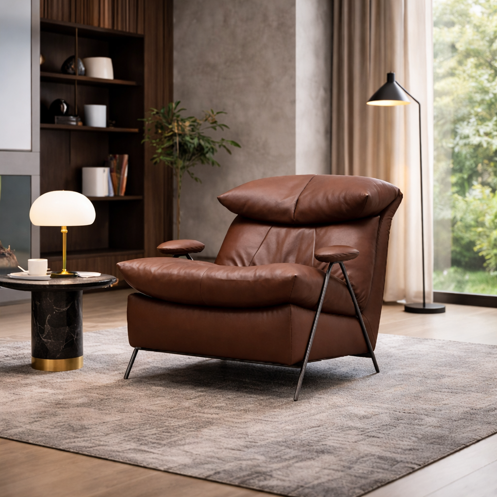 Modern Luxury Solid Wood Black Titanium Genuine Leather Fabric Soft Upholstered Accent Chair With Arms And Backrest For Living Room