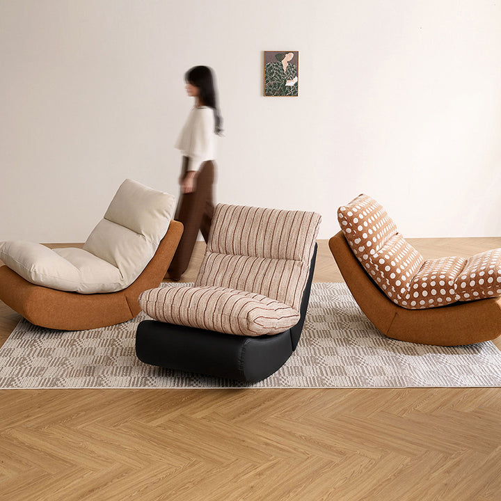 Fauteuil à bascule rectangulaire moderne minimaliste en bois massif et contreplaqué, similicuir et tissu, avec design pliable et amovible pour salon et chambre à coucher 