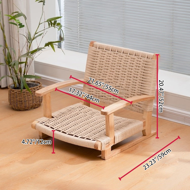 Traditional Japanese Solid Wood Rectangular Kraft Paper Weaving Accent Chair With Backrest Armrest For Living Room &amp; Bedroom
