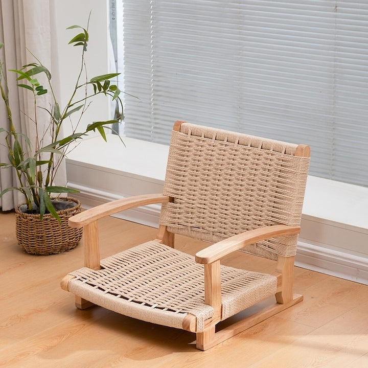 Traditional Japanese Solid Wood Rectangular Kraft Paper Weaving Accent Chair With Backrest Armrest For Living Room &amp; Bedroom