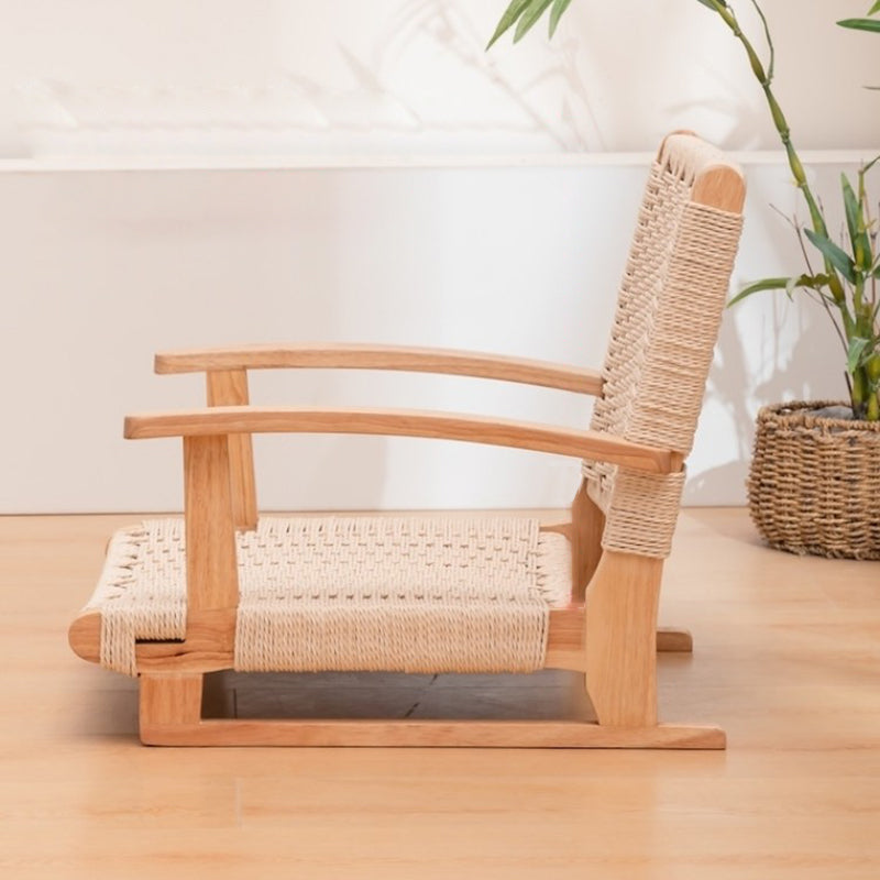 Traditional Japanese Solid Wood Rectangular Kraft Paper Weaving Accent Chair With Backrest Armrest For Living Room &amp; Bedroom
