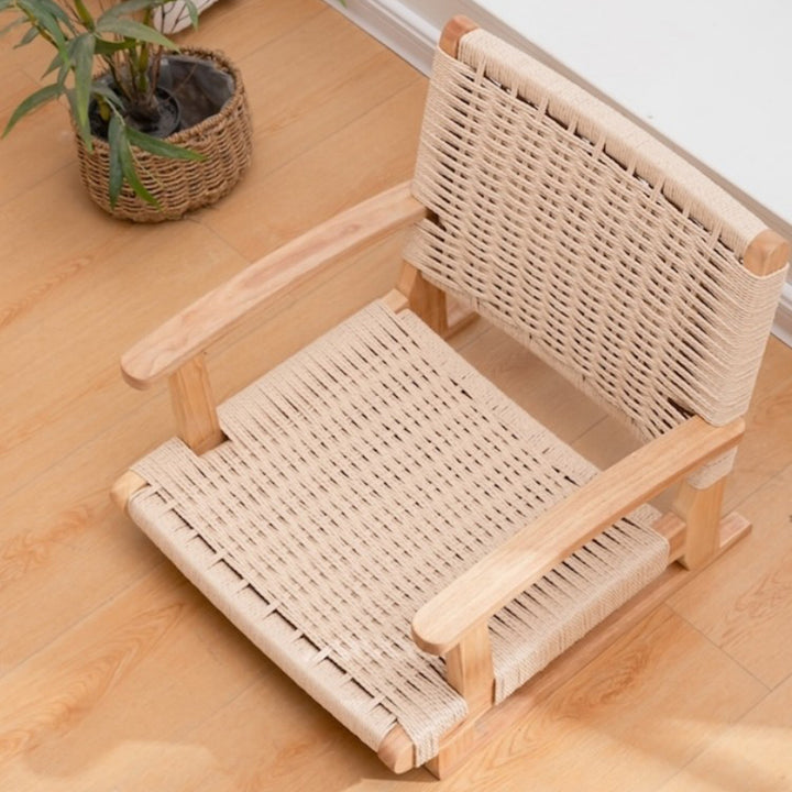 Traditional Japanese Solid Wood Rectangular Kraft Paper Weaving Accent Chair With Backrest Armrest For Living Room &amp; Bedroom