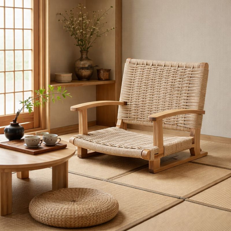 Traditional Japanese Solid Wood Rectangular Kraft Paper Weaving Accent Chair With Backrest Armrest For Living Room &amp; Bedroom
