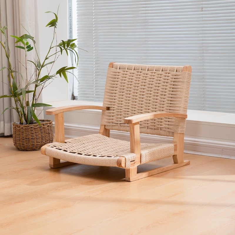 Traditional Japanese Solid Wood Rectangular Kraft Paper Weaving Accent Chair With Backrest Armrest For Living Room &amp; Bedroom
