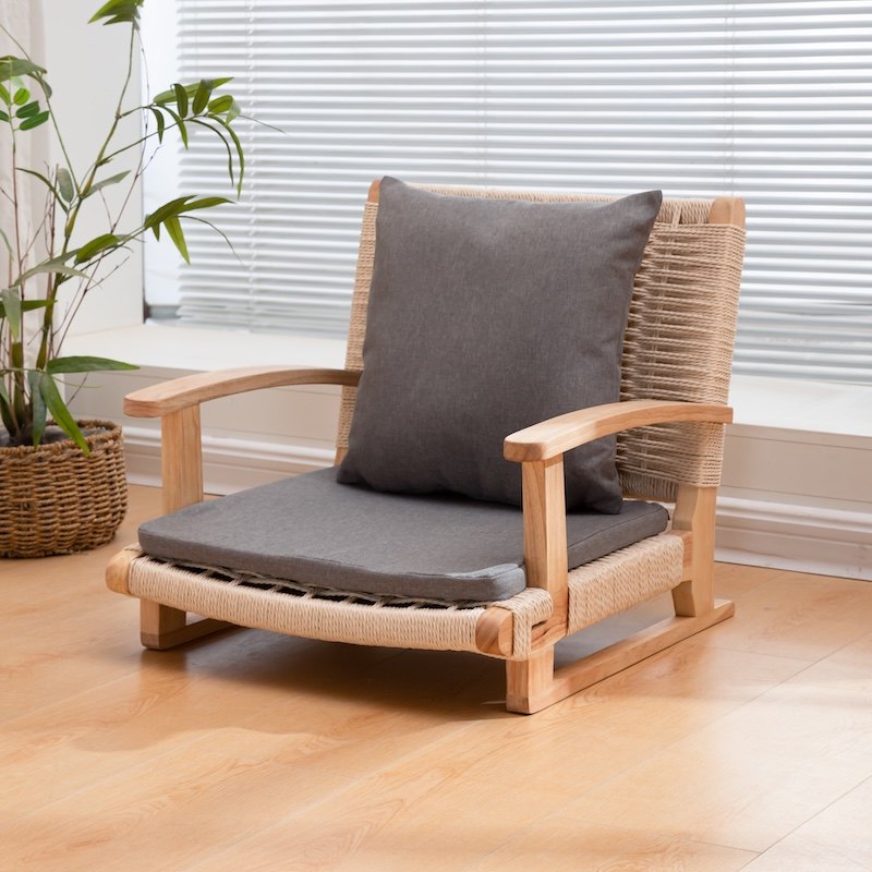 Traditional Japanese Solid Wood Rectangular Kraft Paper Weaving Accent Chair With Backrest Armrest For Living Room &amp; Bedroom
