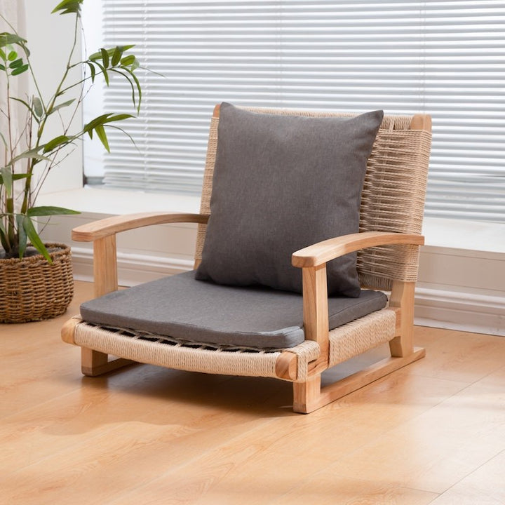 Traditional Japanese Solid Wood Rectangular Kraft Paper Weaving Accent Chair With Backrest Armrest For Living Room &amp; Bedroom