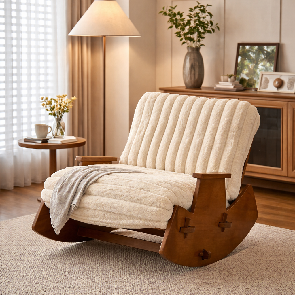 Moderner Retro-Schaukelstuhl aus Massivholz mit Leinen- &amp; Samtbezug, abnehmbarem und waschbarem Design sowie gepolstertem Sitz, Rückenlehne und Armlehnen für das Wohnzimmer 