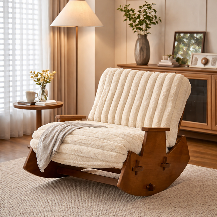 Chaise à bascule de style rétro contemporain en bois massif et lin détachable, lavable, avec siège rembourré, dossier et accoudoirs pour salon 