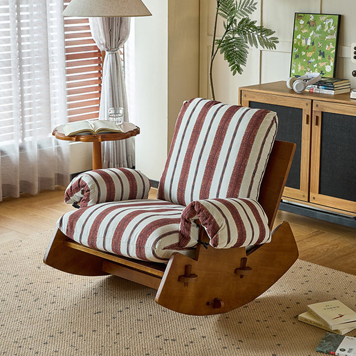 Chaise à bascule de style rétro contemporain en bois massif et lin détachable, lavable, avec siège rembourré, dossier et accoudoirs pour salon 