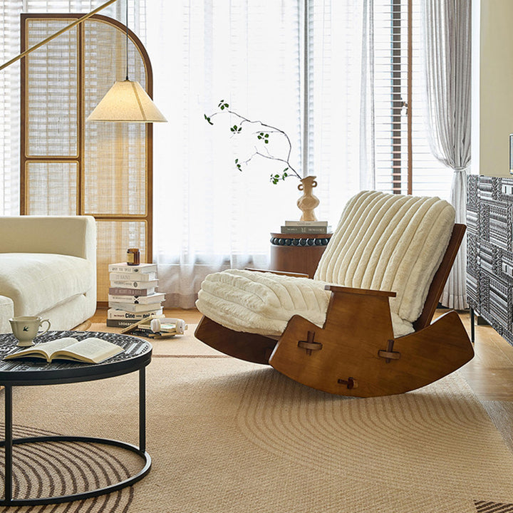 Chaise à bascule de style rétro contemporain en bois massif et lin détachable, lavable, avec siège rembourré, dossier et accoudoirs pour salon 