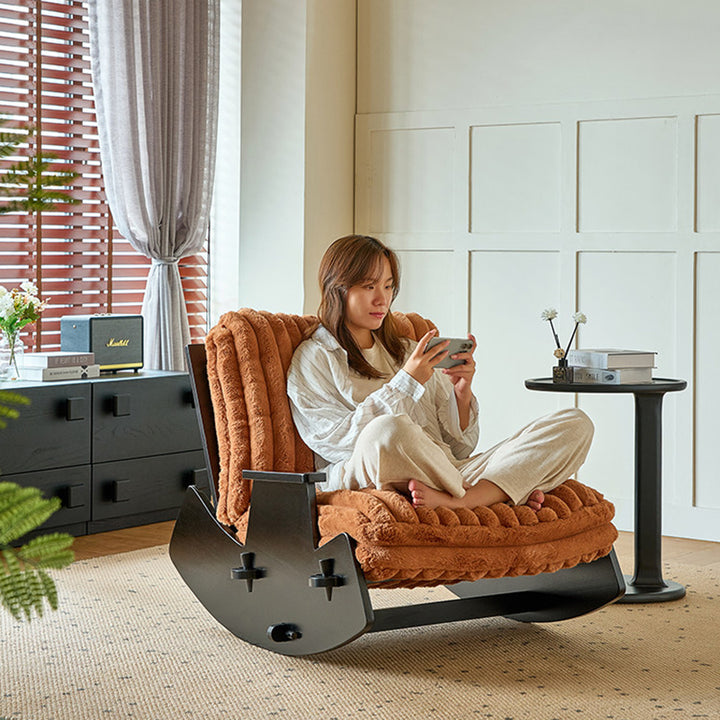 Moderner Retro-Schaukelstuhl aus Massivholz mit Leinen- &amp; Samtbezug, abnehmbarem und waschbarem Design sowie gepolstertem Sitz, Rückenlehne und Armlehnen für das Wohnzimmer 