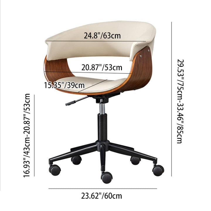 Chaise de bureau pivotante moderne minimaliste en similicuir PU, bois massif, contreplaqué, acier inoxydable et fer, courbée, ergonomique, à hauteur réglable, avec dossier et roulettes pour bureau à domicile 